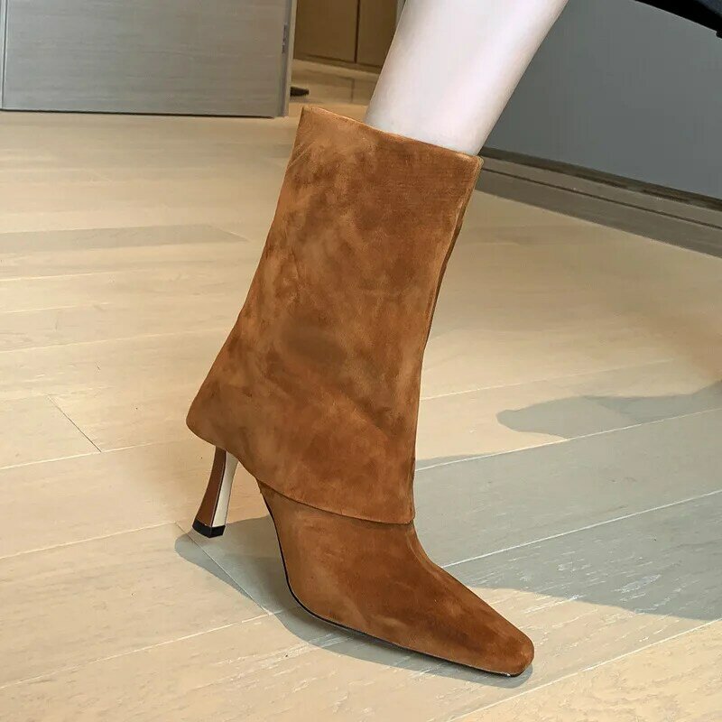 Medium Boots 2021 Autumn And Winter New Thin Heels High Heels Brown Cow Reverse Leather Trousers Boots Smoke Tube Boots Exquisit