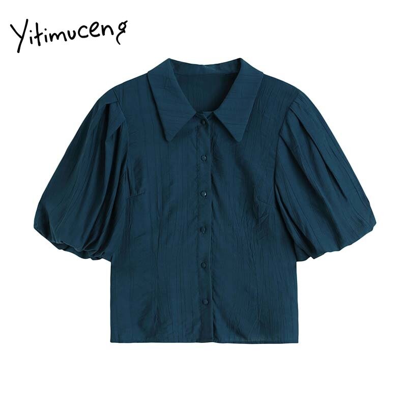 Yitimuceng-Blusa holgada Estilo Vintage para verano, camisa de manga corta con botones para mujer, monocolor, moda coreana, 2021