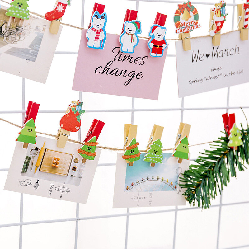 Christmas Wooden Clip Photo Clip Cute Cartoon Color Clip with Hemp Rope Photo Wall Clip