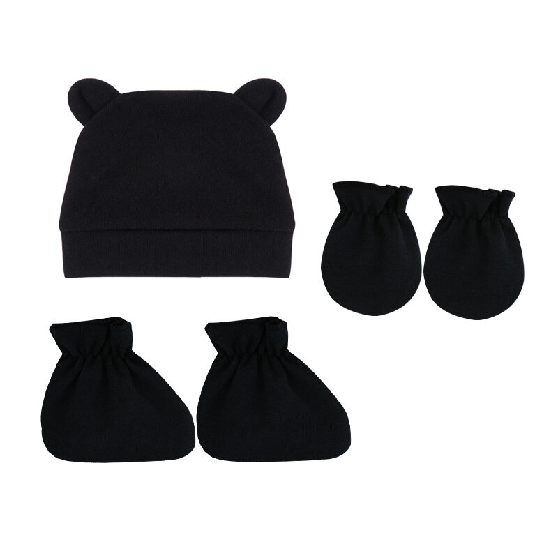 Infant Solid Color Cotton Warm Hat Gloves and Foot Cover Three Piece Set Cute Cartoon Ears Newborn Caps Kids Photography Props