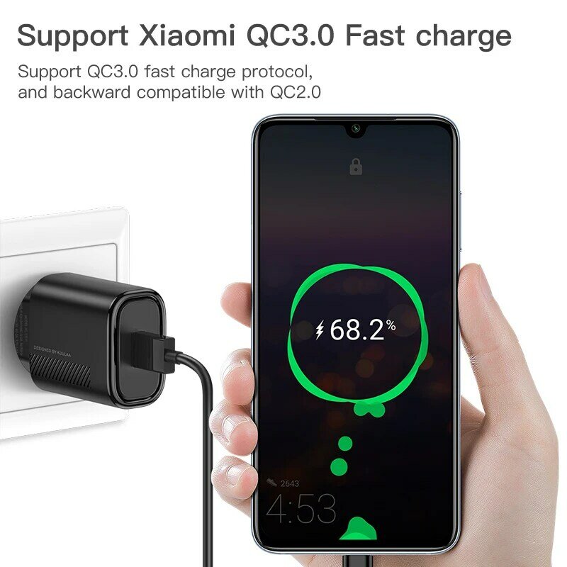 KUULAA — Chargeur mural USB 3.0 QC 18 W, charge rapide, compatible avec Xiaomi Redmi Note 9 8 7, Samsung, QC3.0