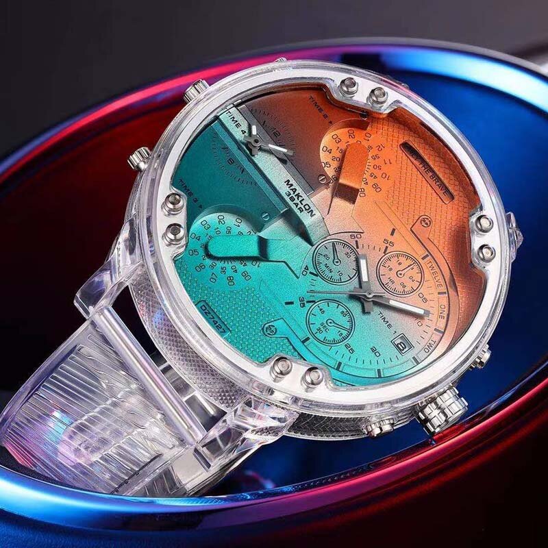 6cm super legal grande caso relógio de quartzo dos homens da forma relógios transparentes silicone esportes relógio de pulso homem duplo tempo relogio novo