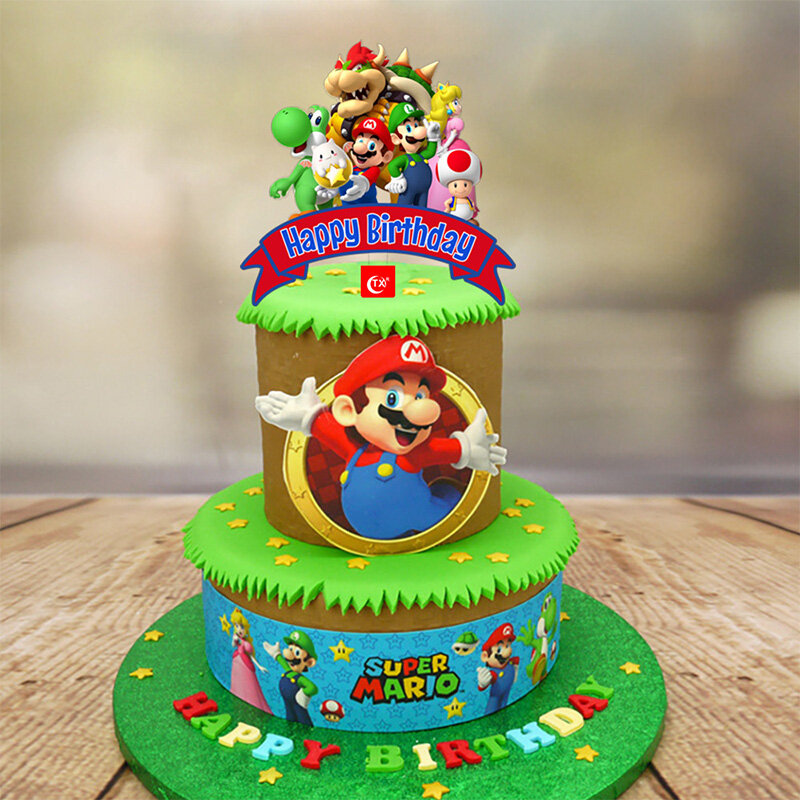 Adornos de pastel de cumpleaños para niños, adornos de pastel de Fiesta de Mario colorido, pastel de acrilico Feliz cumpleaños