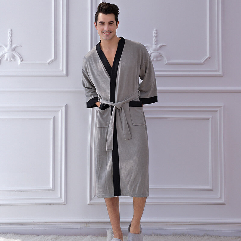 Japanse Wafel Katoen Mannen Gewaden Lente Kimono Badjas Zomer Dunne Pyjama Hotel Gewaad Contrast Kleur Toevallige Homewear