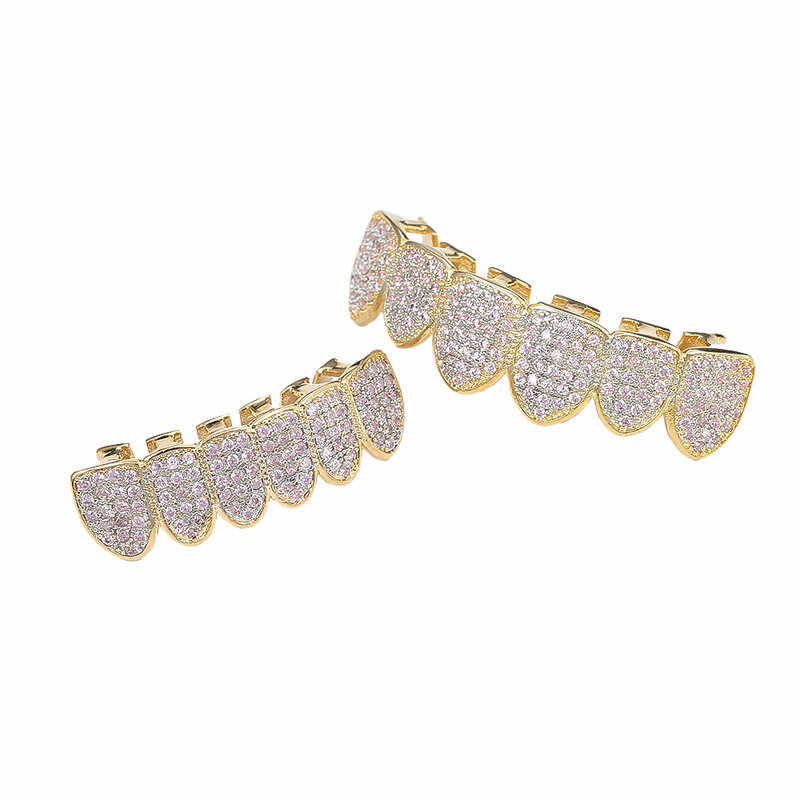 Real Gold-Plated Micro-Inlaid Gold Teeth Pink Zircon Braces Hip Hop Hip Hop Braces Halloween Hip Hop Accessories