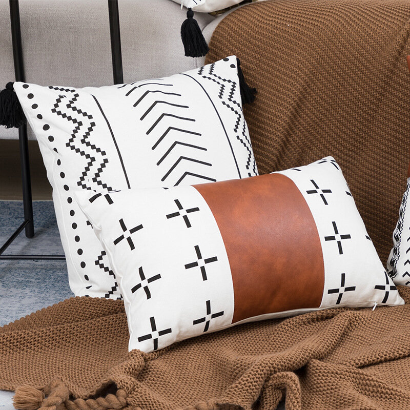 Autunno inverno tela di cotone stampato cuscino cuscino in pelle Pu giunzione cuscino soggiorno divano nappa fodera per cuscino