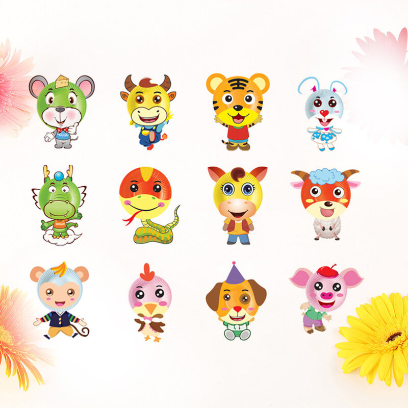 1 Set del zodiaco chino de placas de papel de dibujos animados materiales de pintura para niños