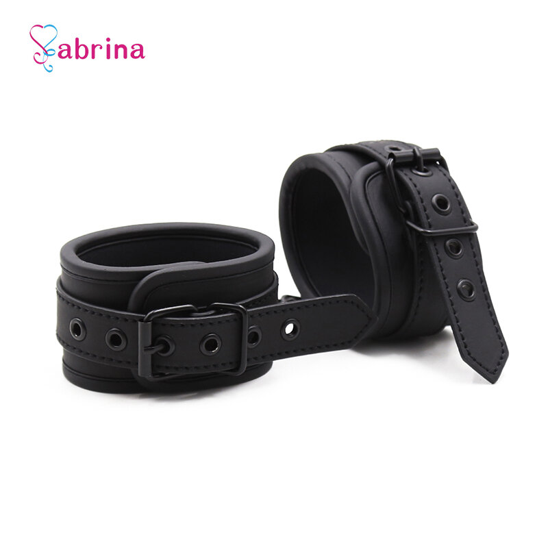 Fetish Sexy BDSM Bondage Handcuff and Ankle Cuff Black Leather Handcuff Sex Toy for Couple Game Metal Bondage Erotic Accessories