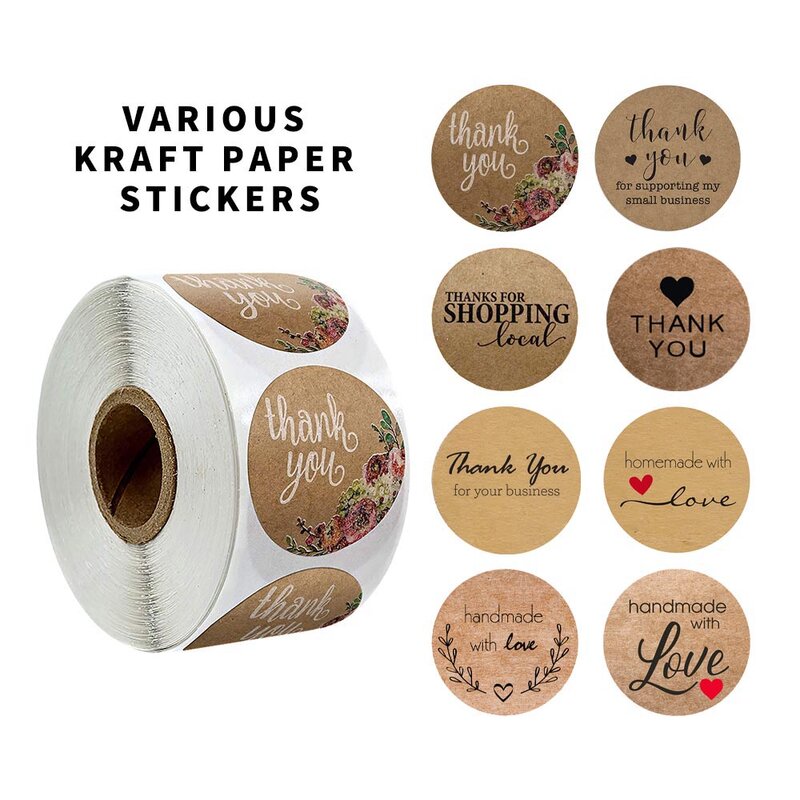 Round Natural Kraft Thank You Sticker Seal Labes 500 Pcs/roll Hand Made with Love Sticker Paper  Scrapbooking Stationery Sticker
