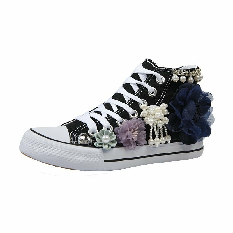 Zapatos de lona informales con perlas y flores para mujer, calzado de primavera y otoño con tacón plano a juego, color blanco
