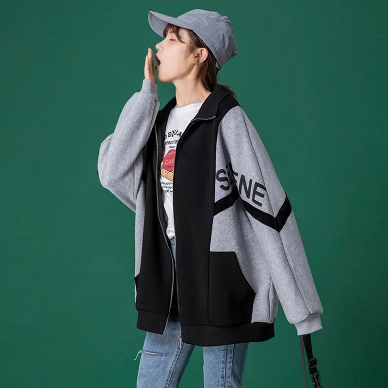 2021 Autumn Winter Fashion Casual Womens New Jacket Color Contrast Splicing Zipper Letter Printing Long Sleeve Baseball Uniform