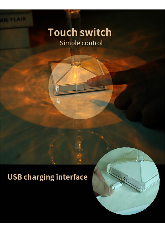 Lámpara de mesa de diamante con atenuador simple, recargable por USB Luz Nocturna, decoración de escritorio de cristal acrílico para dormitorio, envío directo