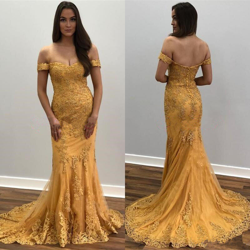 Sexy mermaid Prom Dress 2020 met Gold Kant Applicaties Off Shoulder Ruglooze Custom Made Formele Partij Jassen Longo