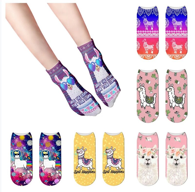 Милые цветные носки с героями мультфильмов альпака в стиле Харадзюку, милые женские повседневные носки до щиколотки, милые носки
