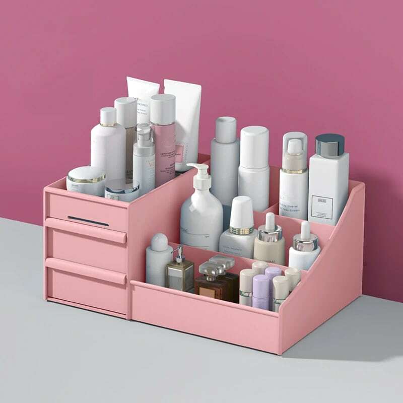 Organisateur de maquillage cosmétique avec tiroirs, boîte de rangement en plastique pour les soins de la peau dans la salle de bain, porte-brosse et rouge à lèvres