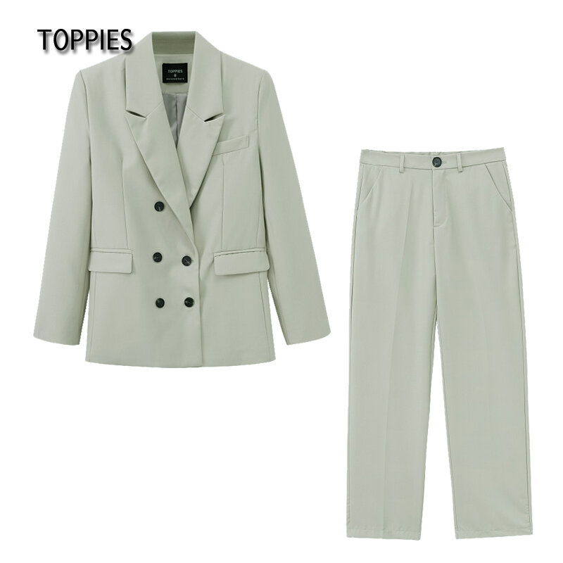 Toppies Blazer Musim Semi 2021 + Celana Setelan Wanita Kantor Jaket Setelan Berkancing Dua Baris Wanita Celana Pinggang Tinggi