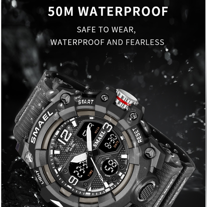 Quartz Military Sport Watch For Men Alarm Clock Stopwatch Back Light Dual Time Display Waterproof Mens Watches LED Dgital Watch