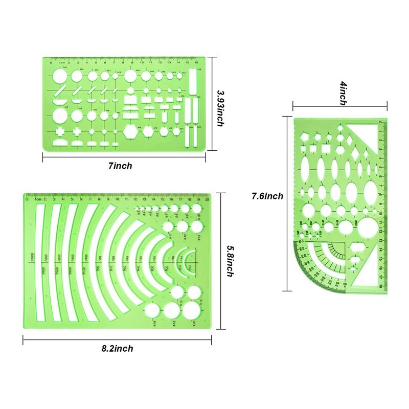 9 Pieces Drawings Templates Measuring Geometric Rulers Plastic Draft Rulers for School Office Supplies Clear Green