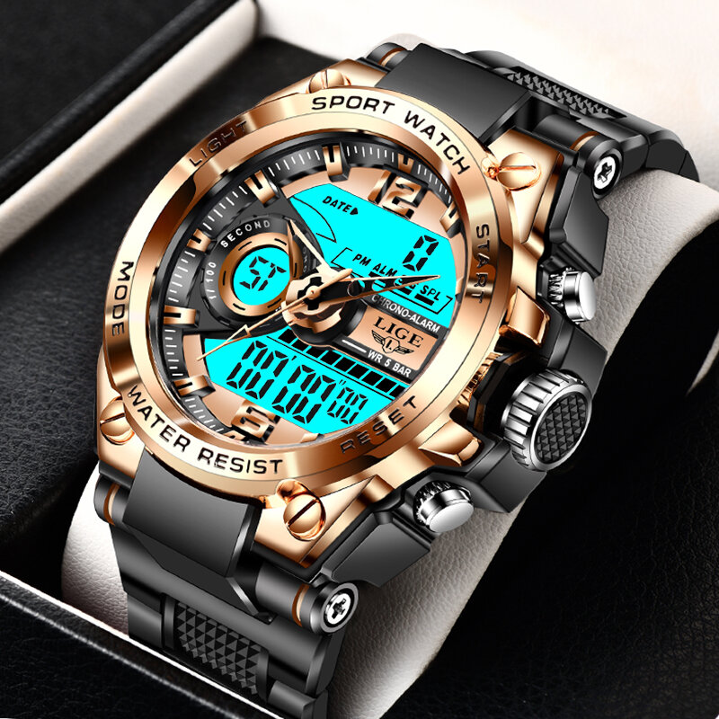 Часы наручные LIGE мужские спортивные, брендовые водонепроницаемые армейские, в стиле милитари, с двойным дисплеем