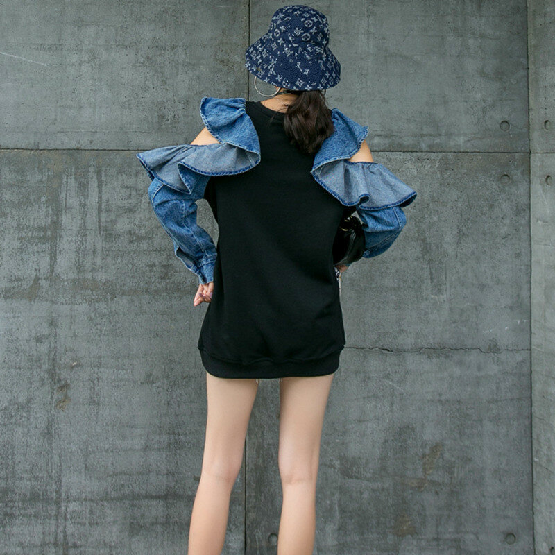 Sweat-shirt à manches volantées et épaules ajourées pour femme, haut en Denim, à la mode, nouvelle collection automne 2023