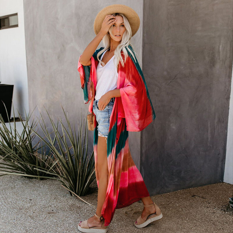 ฤดูใบไม้ผลิ Breeze กว้างยาวเปิด Kimono สบายๆผ้าฝ้ายเสื้อชายหาดประเทศไทยชุดสีสันสบาย Ups Duster