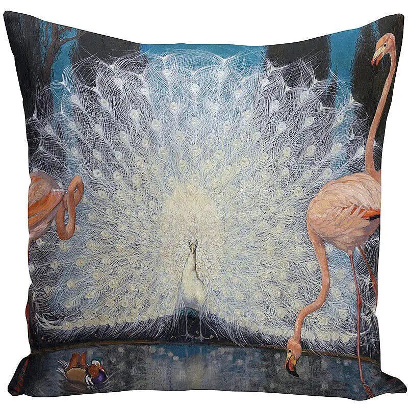 Vintage Oil Painting Cushions Cover 45x45cm Blue White Peacock Decorative Throw Pillows Case for Couch Home Sofa  Decor
