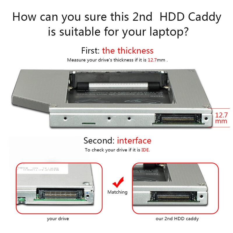 Sunvalley 12.7 millimetri universale della lega di alluminio 2nd HDD Caddy IDE a SATA 2.5 "custodia SSD DVD/CD-ROM baia ottica per il computer portatile