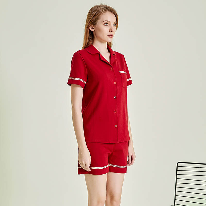 Pyjama d'été en coton à manches courtes pour femmes, costume rouge à revers pour service à domicile, 2021