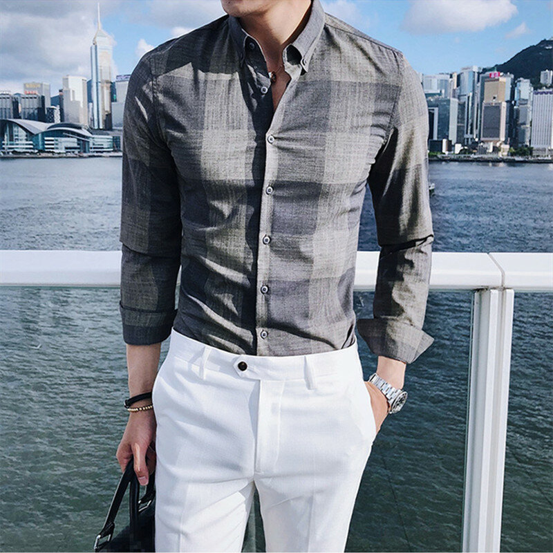 Camisa xadrez de manga longa masculina 2021 nova primavera e outono moda masculina camisa de negócios casual magro formal profissional camisa S-3XL