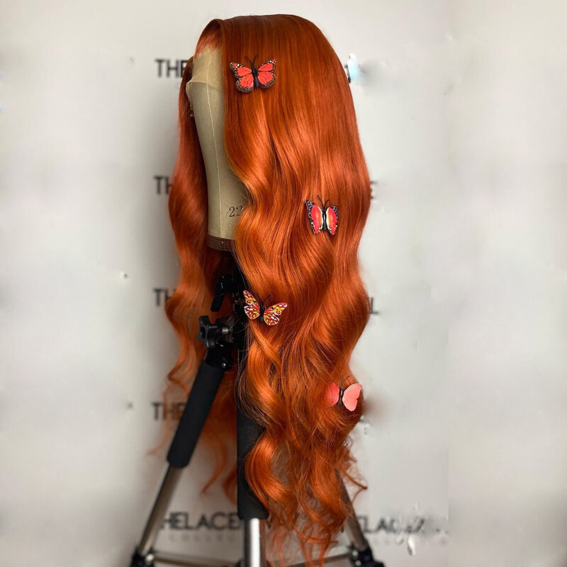 Perruque Body Wave Lace Front Wig 26 pouces – Babyhair, perruque synthétique avec raie centrale Orange gingembre pour femmes noires, cheveux longs pre-plucked résistants à la chaleur