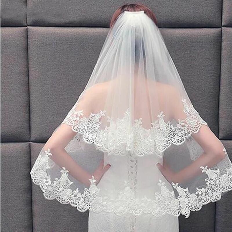 Renda Putih Tepi Applique Kerudung Pernikahan Aksesoris Pernikahan Dua Tahun Cadar Wanita Pendek dengan Sisir 2021 Kerudung Pengantin