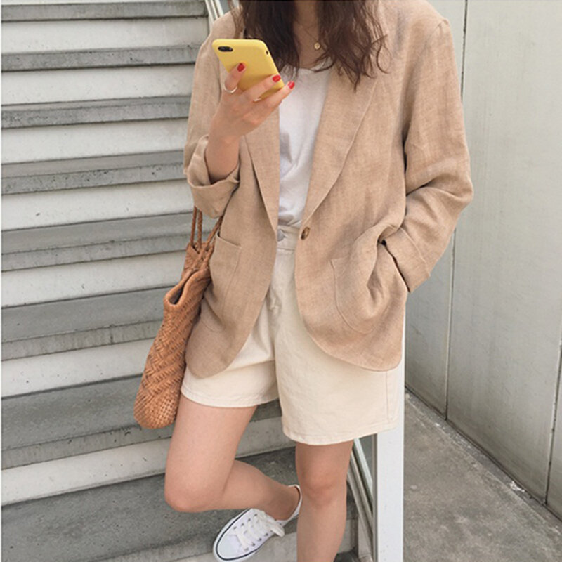 Katun Linen Blazer Wanita Musim Semi Musim Gugur Korea Blazer dan Jaket Kasual Jaket Besar Mantel Vintage Gaya Inggris Longgar 2019