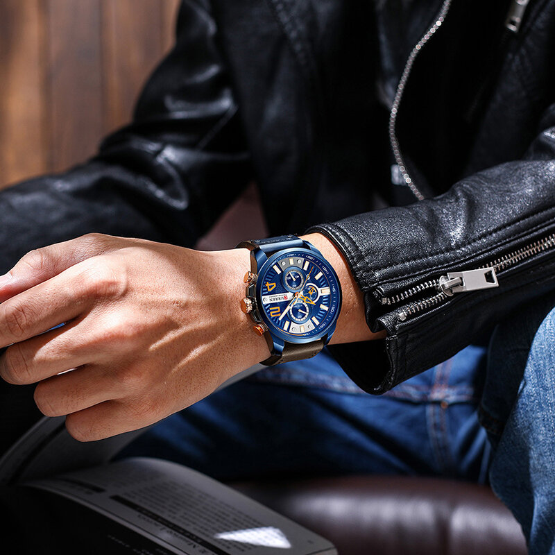 CURREN-Reloj de pulsera deportivo para hombre, cronógrafo de cuarzo, resistente al agua, con correa de cuero, a la moda, con calendario