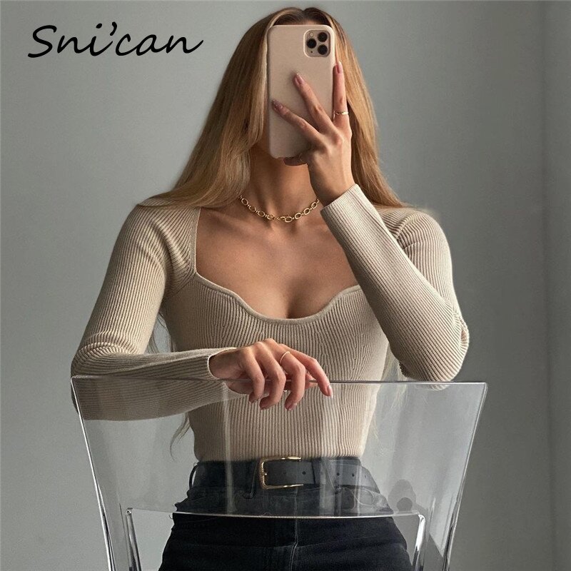 Snican Solid Sqaure Collar Sweater Bodycon Slim Sexy Pullover Fashion Women Long Sleeve Za Pull Femme Spring 2021 Ladies Tops