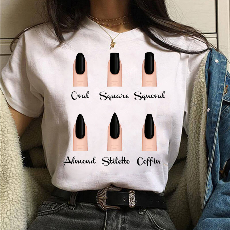 Camiseta de verão feminina, camiseta de manga curta com estampa de personalidade e arte de unha, camiseta harajuku 90s para meninas e mulheres