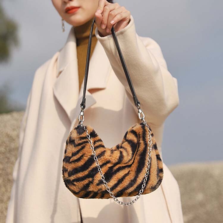 Fashion Leopard Faux Fur Bag Women's Shoulder Bag Brand Soft Plush Chain Women Handbag Animal Printed Messenger Bags for Women