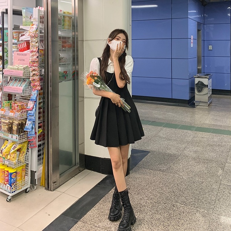 Vestido de verano Vintage de una pieza, Manga corta coreana, elegante, Y2k, negro, gótico, Kawaii, Lolita, 2021