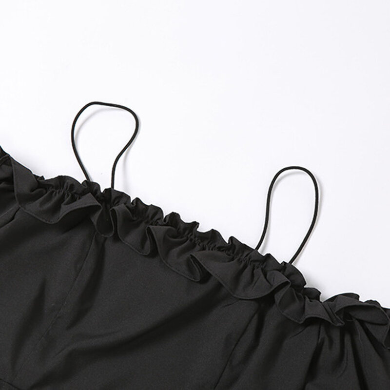 2021 nuova camicetta in stile americano europeo nero da donna Slim Fashion Sexy manica a sbuffo una spalla fibbia decorativa