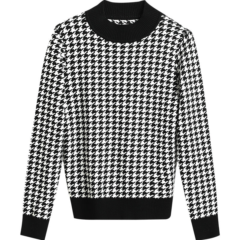 여성 니트 탑 2021 가을 새로운 Houndstooth 풀오버 느슨한 긴 소매 착용 패션 내부 일치 스웨터