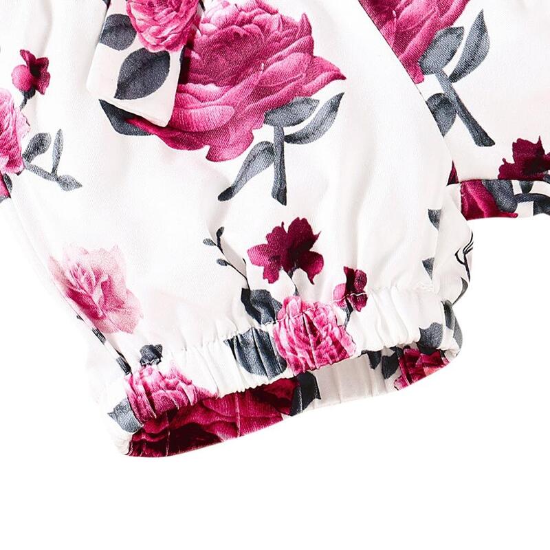 Conjunto de terno de verão para bebês meninas, macacão manga curta + bermuda florida + tiara