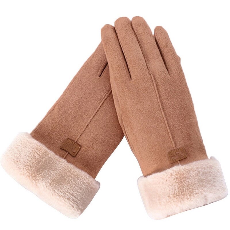 Winter Female Double Thick Plush Wrist Warm Cashmere Cute Cycling Mittens Women Suede Leather Touch Screen Driving Glove