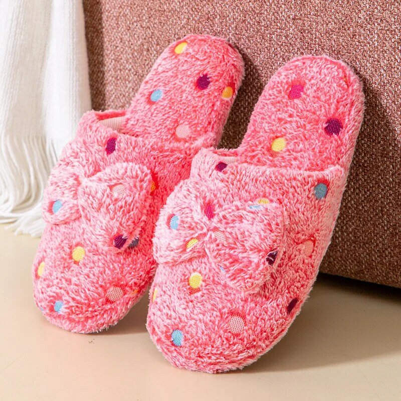 ผู้หญิงฤดูหนาวรองเท้าแตะใส่เดินในบ้านน่ารักฤดูใบไม้ร่วง Bow ความอบอุ่นหนา PVC Non-Slip รองเท้านุ่มห้องนอนชั้น