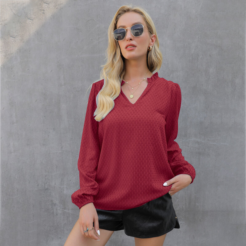 2021 Spring And Autumn V-neck Long-sleeved Pullover Shirt Women Elastic Puff Sleeves Lotus Leaf Neck Slim Blouse T-shirt