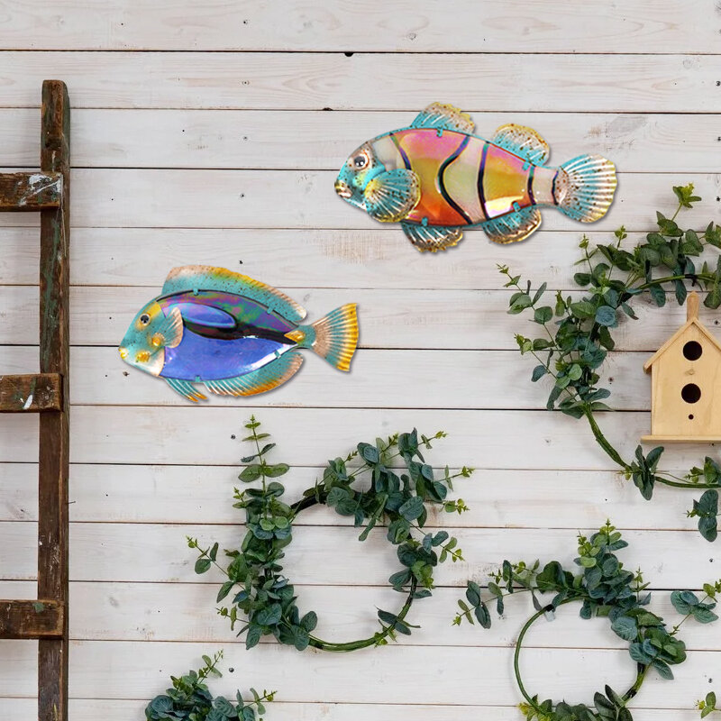 Arte de parede de peixes de vidro de metal para decoração de casa animal para estátuas e esculturas de jardim ao ar livre miniaturas conjunto de 2