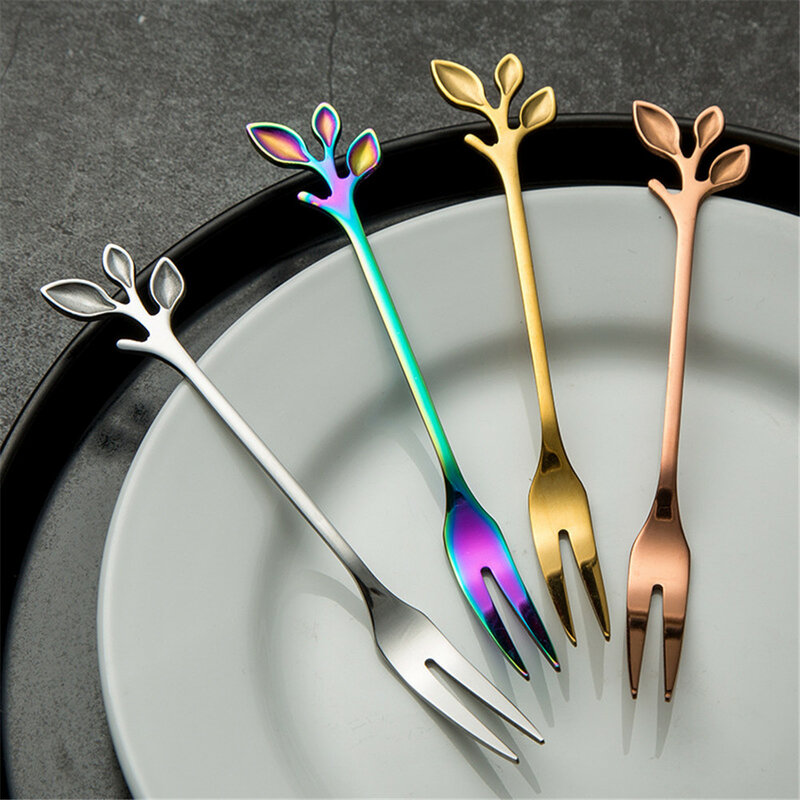 Cute Leaf shape Stainless Steel Coffee Spoons Set Creative Tableware Fruit Forks Small Mini Metal Kitchen Accessories Tea Scoops