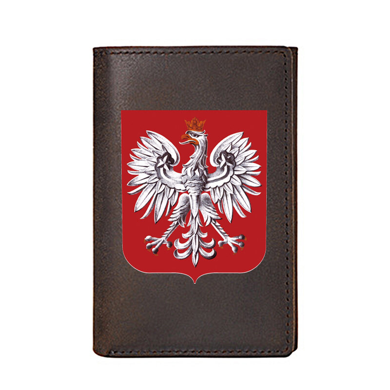 Personalidade carteira de couro genuíno para os homens de alta qualidade polónia símbolo titular do cartão de visita masculino bolsas dinheiro curto sacos