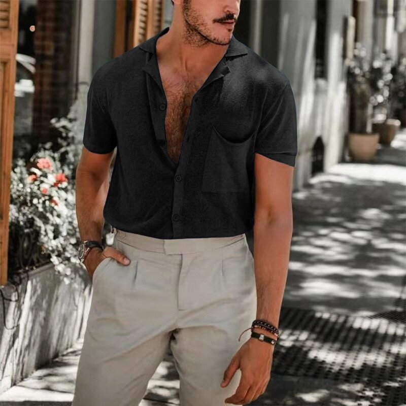 Camisa vintage de linho masculina, camisa casual de verão com manga curta, camisa de linho de cor sólida, camisa solta com gola e botão, chemise