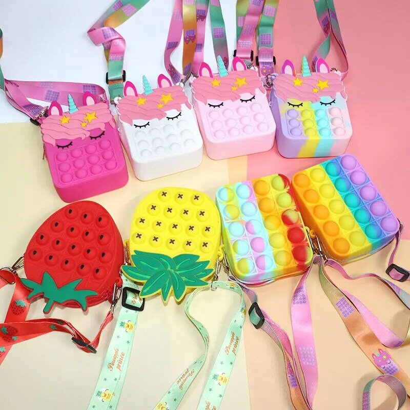 Bolso de hombro de arcoíris para niños, monedero Kawaii, Cartera de Gel de sílice, hoyuelos simples, juguete inquieto