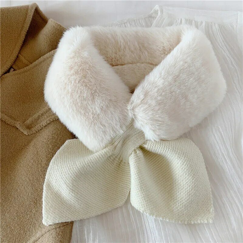 여성 솔리드 디자인 니트 스카프 Neckerchief 2021 한국 패션 새 두꺼운 따뜻한 가짜 토끼 모피 목 칼라 스카프 숙 녀에 대 한