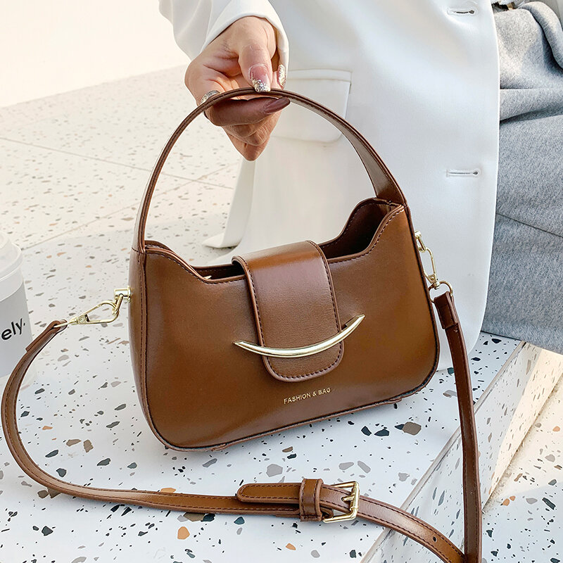 Bolsa de ombro feminina com design de luxo, bolsa retrô, cor sólida, feita em couro artificial de alta qualidade, 2021